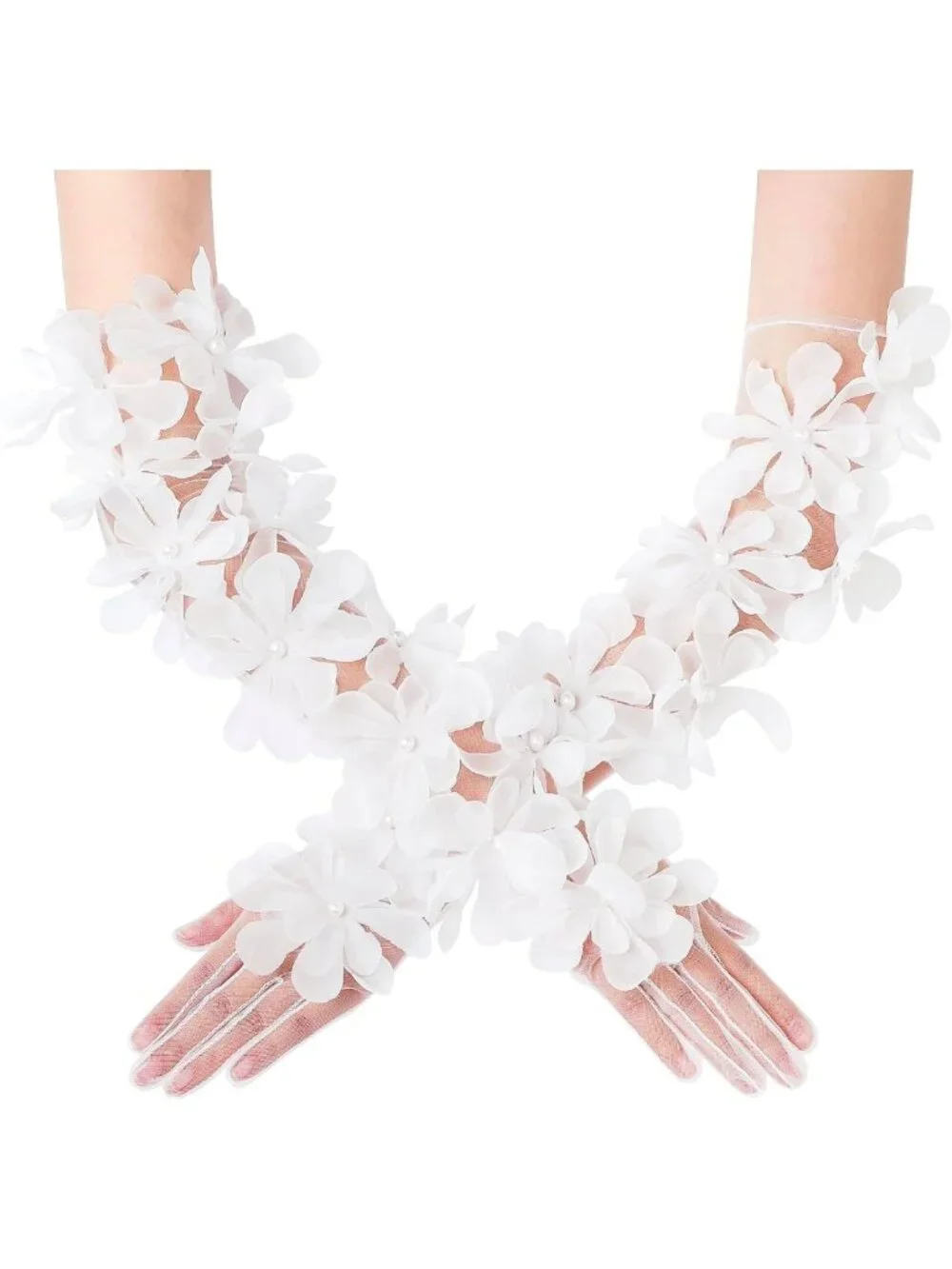 Elegant Long Tulle Mesh Gloves for Women | 3D Floral Tea Party Accessories